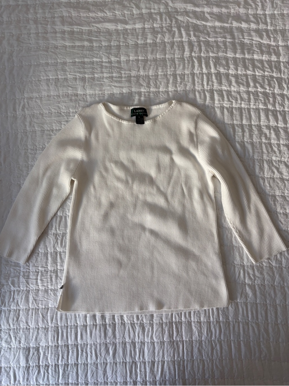 Ralph Lauren Cream Ribbed Boatneck Long Sleeve Top